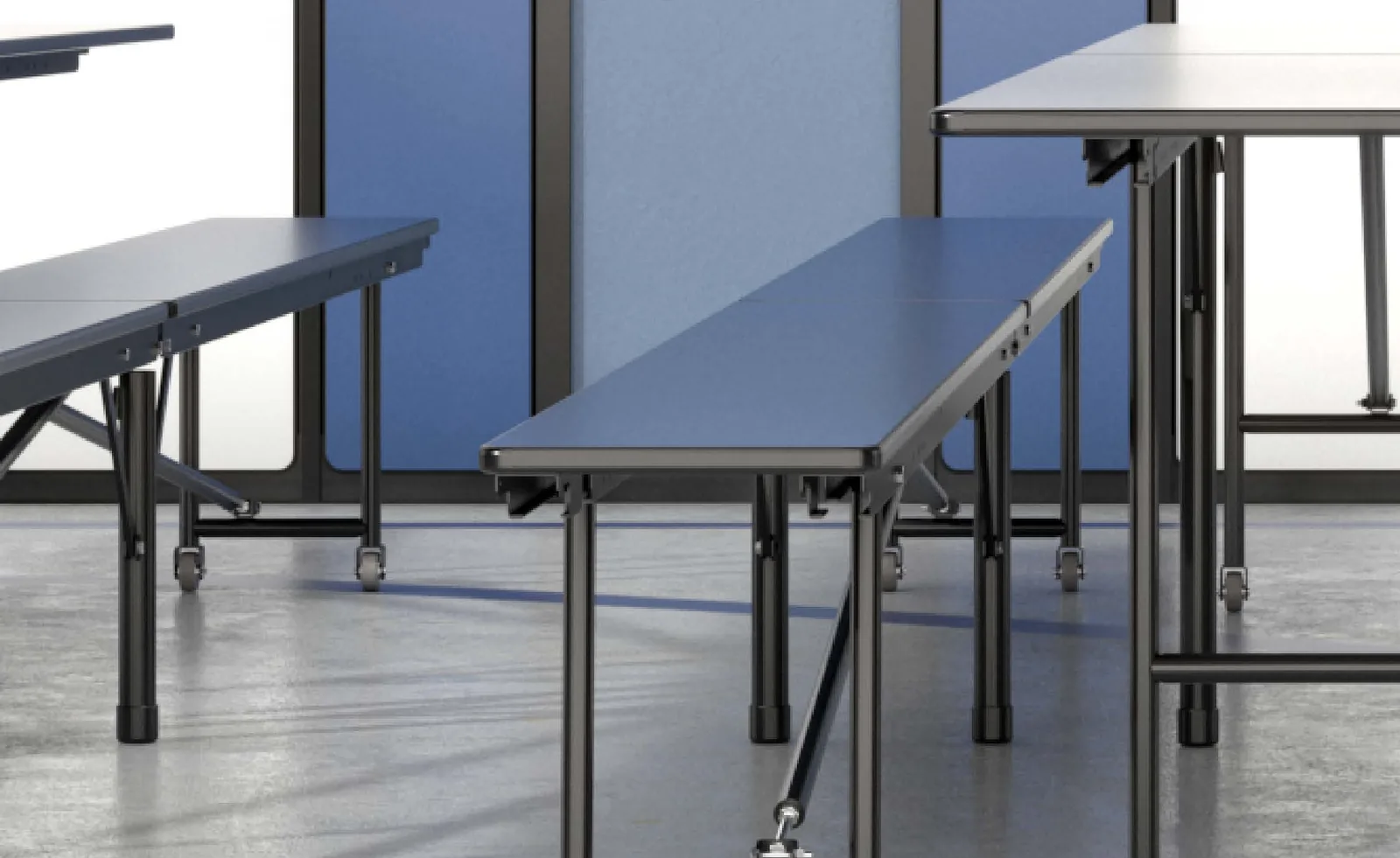 Folding tables and benches in a multipurpose room