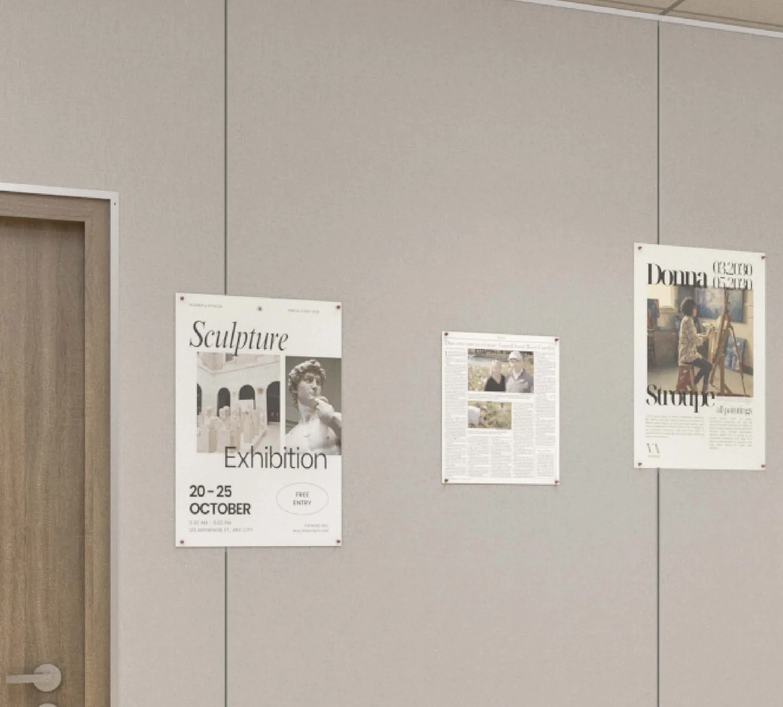 Tack wall panels with posters in a school hallway