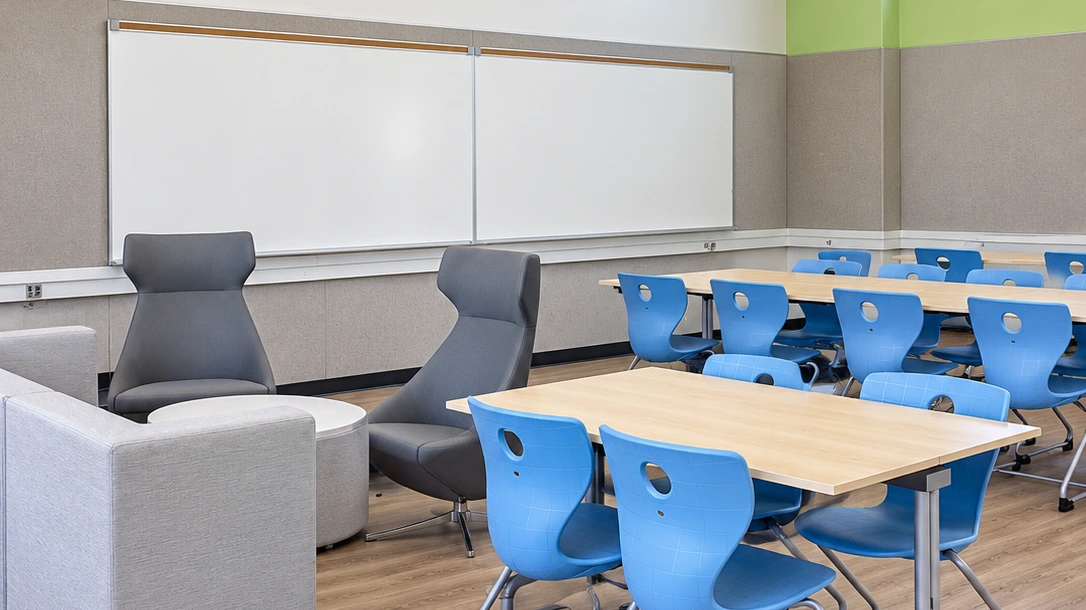Nelson Adams tackboard mounted on a classroom wall
